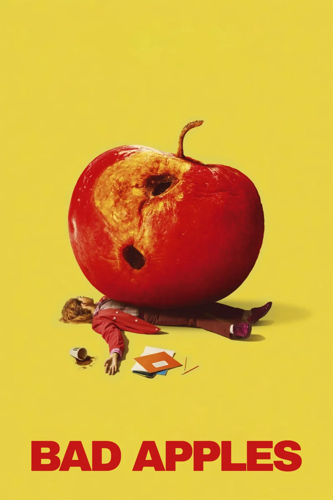 ملصق أصفر لفيلم Bad Apples، تفاحة حمراء ضخمة تسحق هيئة بشرية صغيرة، والعنوان باللون الأحمر أسفل الصورة