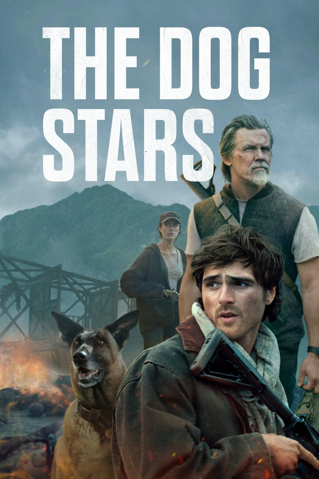بوستر The Dog Stars ، تظهر عليه الشخصيات وجاسبر أمام جبال ومنشآت متداعية وعنوان أبيض كبير