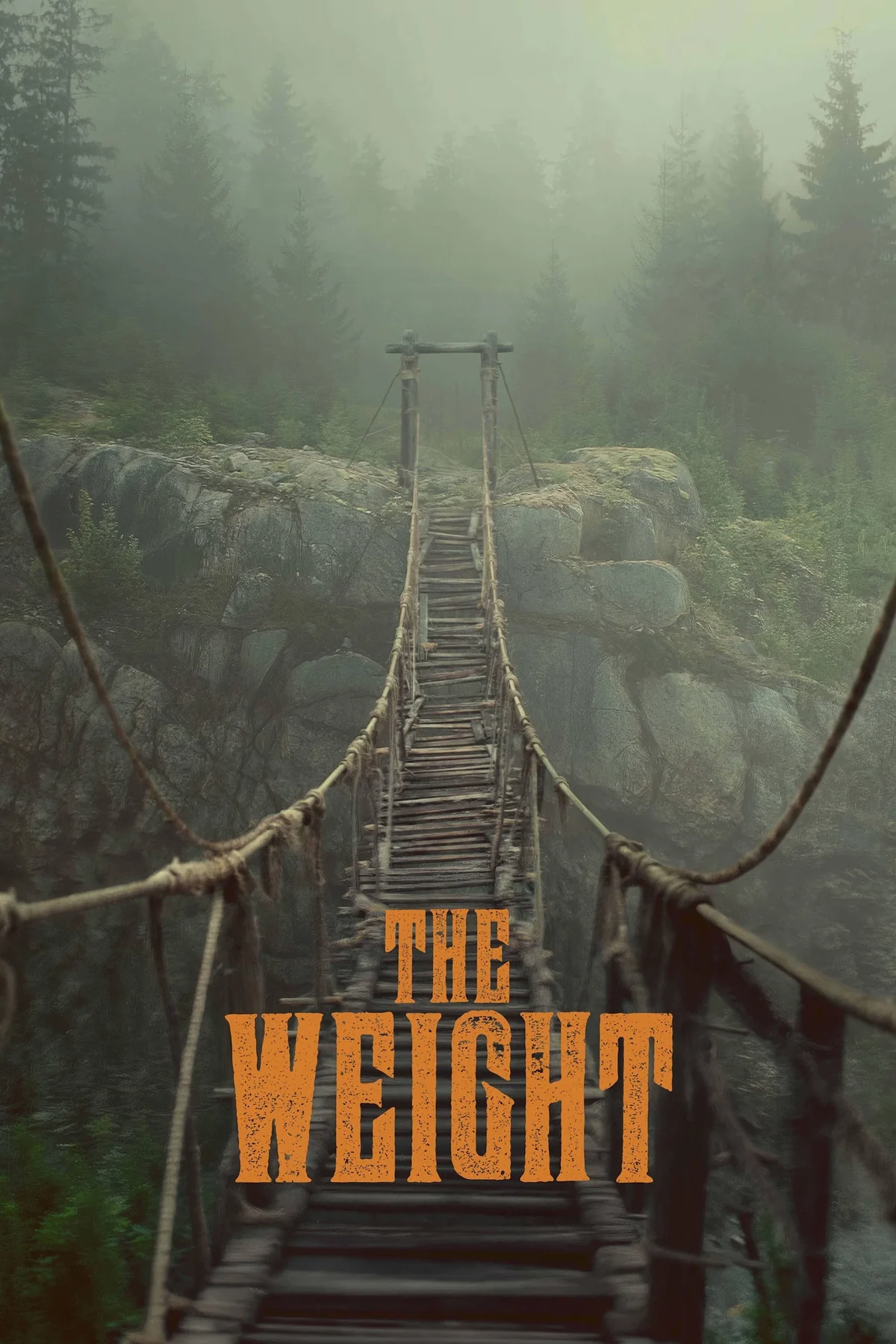 بوستر فيلم The Weight: جسر خشبي معلق وسط غابة ضبابية وعنوان برتقالي في أسفل التصميم
