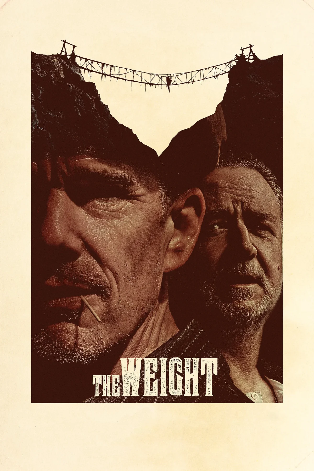بوستر فيلم The Weight بتصميم بني قديم، وجهان كبيران وجسر صغير بين صخرتين