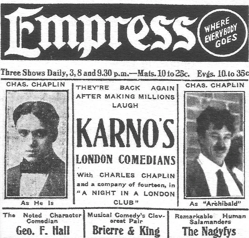 إعلان لمسرح إمبرس من عام 1913 عن كوميديي كارنو اللندنيين، تتوسطه صورتان تحملان اسم تشابلن.