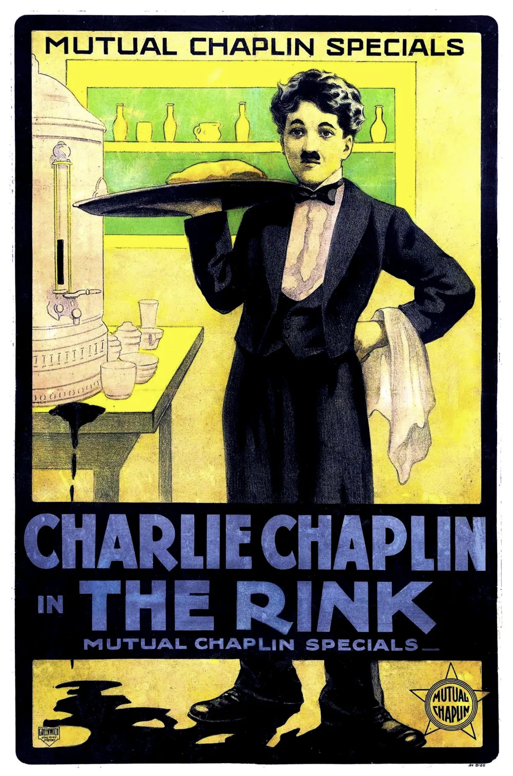 ملصق ملون لفيلم The Rink يظهر تشابلن بملابس الصعلوك وعلى حذاء تزلج.