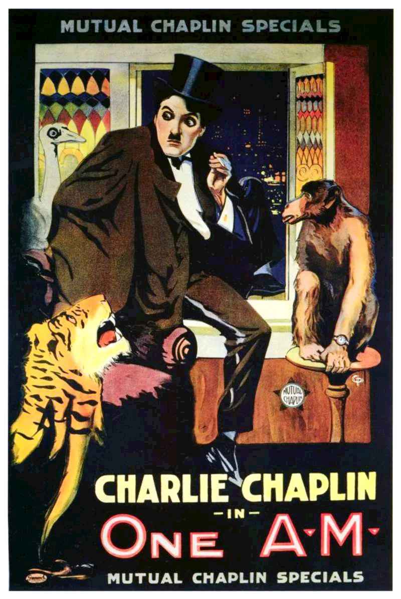 ملصق ملون لفيلم One A.M. يظهر تشابلن داخل المنزل قرب الأثاث.