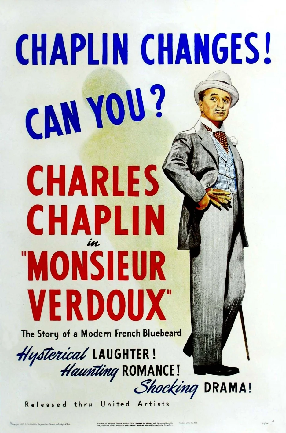 ملصق Monsieur Verdoux (1947) يقدم مظهرًا مختلفًا لتشابلن؛ خلف الأناقة تبدأ كوميديا أشد قتامة من عالم الصعلوك.