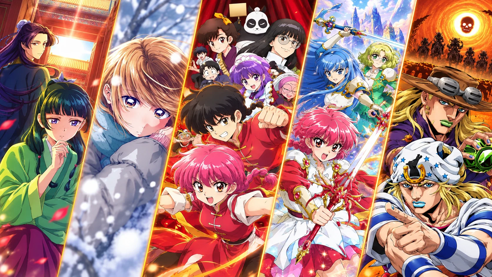 غلاف مركّب يجمع شخصيات The Apothecary Diaries وBlue Box وRanma ½ وMagic Knight Rayearth وSTEEL BALL RUN.