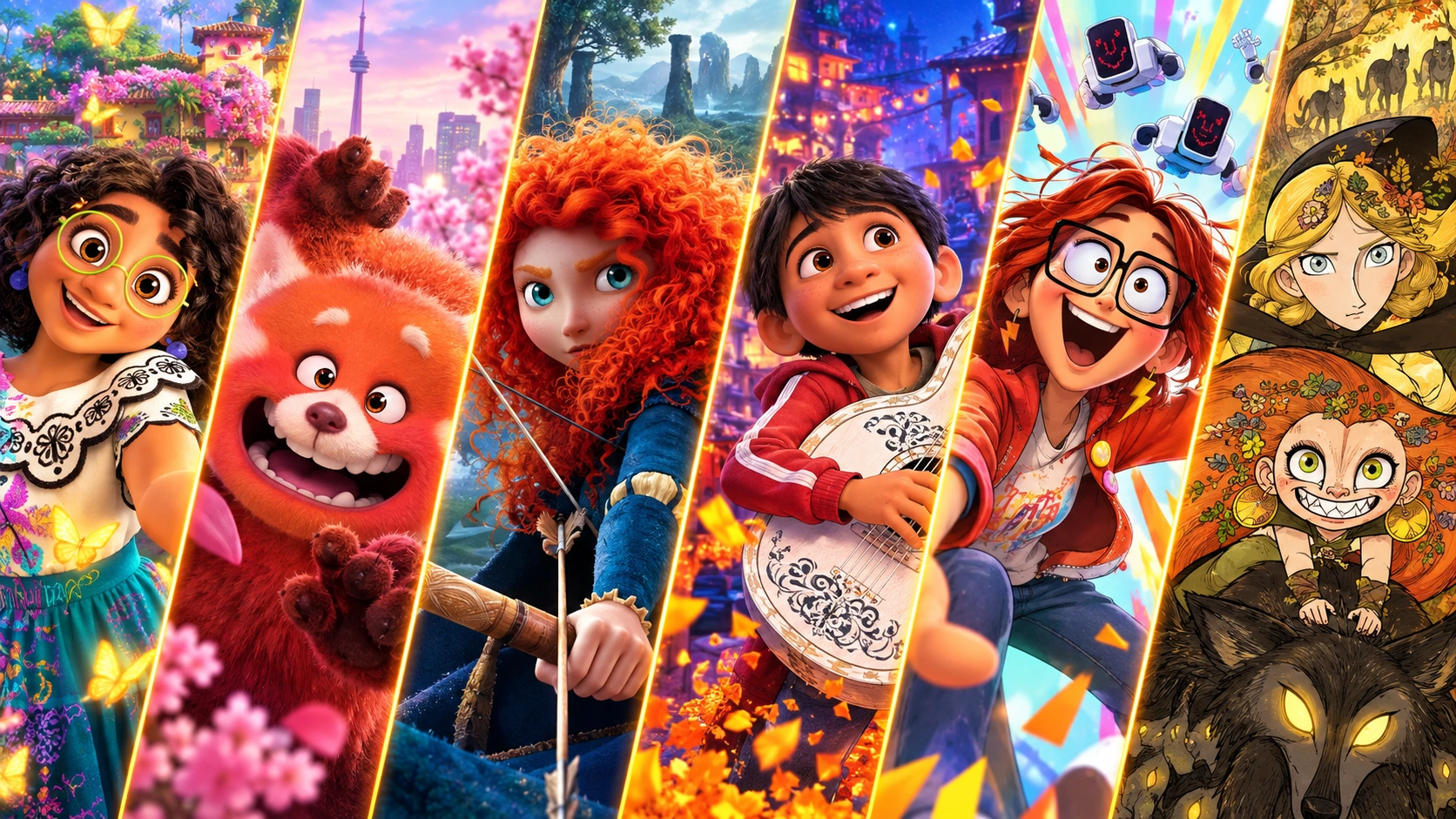 غلاف من ست شرائح مائلة يجمع شخصيات Encanto وTurning Red وBrave وCoco وThe Mitchells vs. the Machines وWolfwalkers.