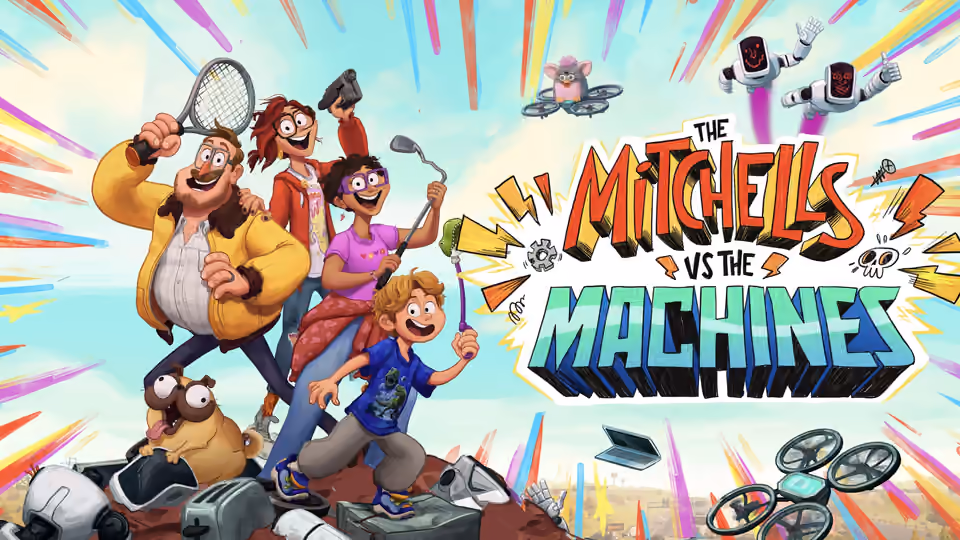 كاتي وعائلة ميتشل وكلبهم وسط روبوتات وألوان حركية في صورة The Mitchells vs. The Machines