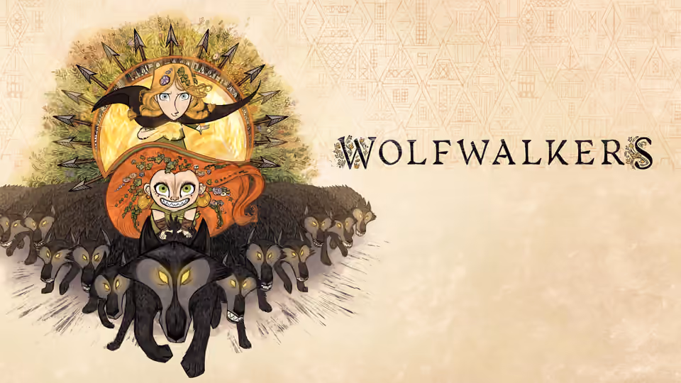 روبين وميب فوق مجموعة من الذئاب في رسم يدوي ذهبي وأخضر يحمل عنوان Wolfwalkers