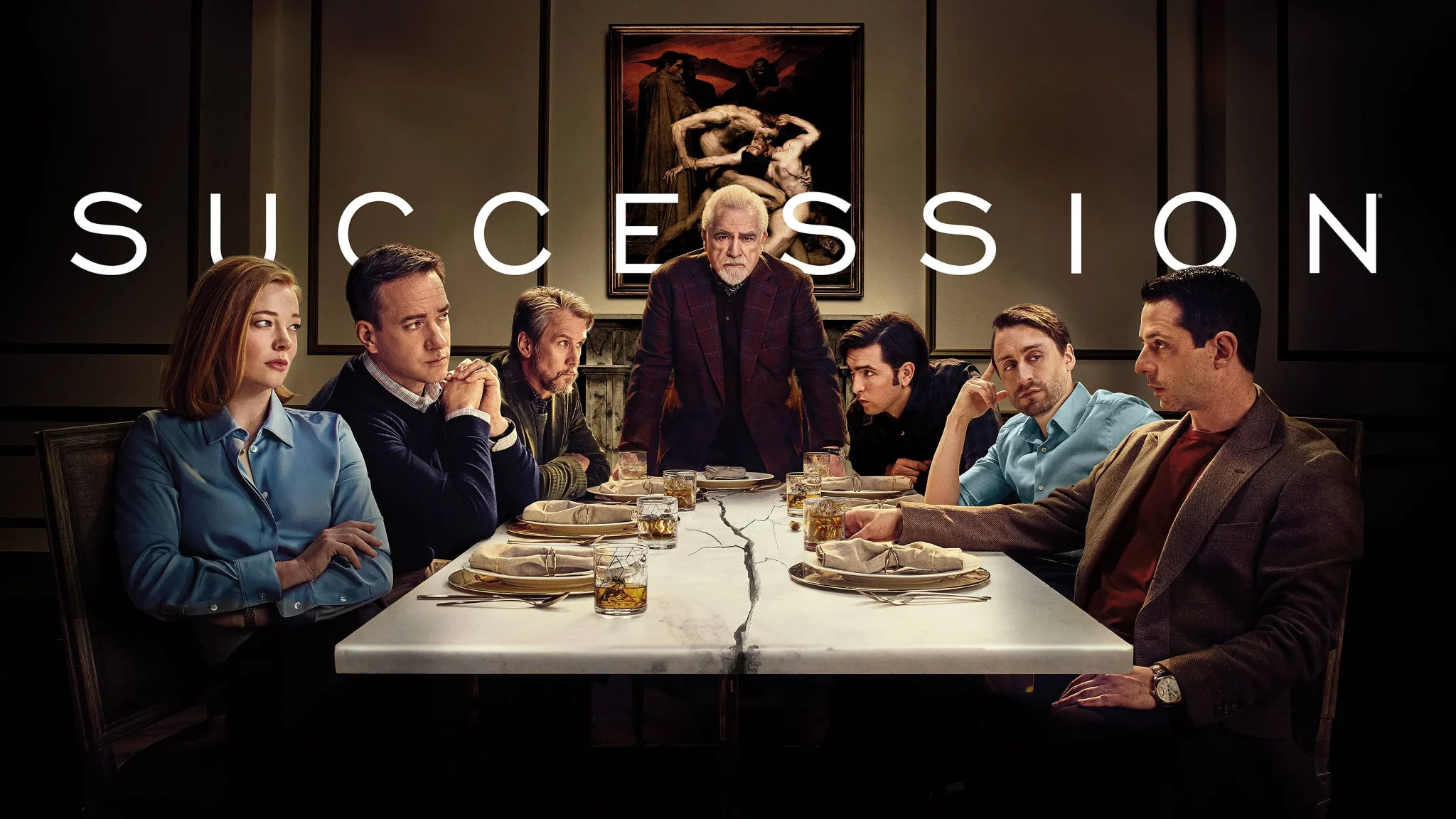 عائلة روي حول مائدة طعام في صورة Succession.