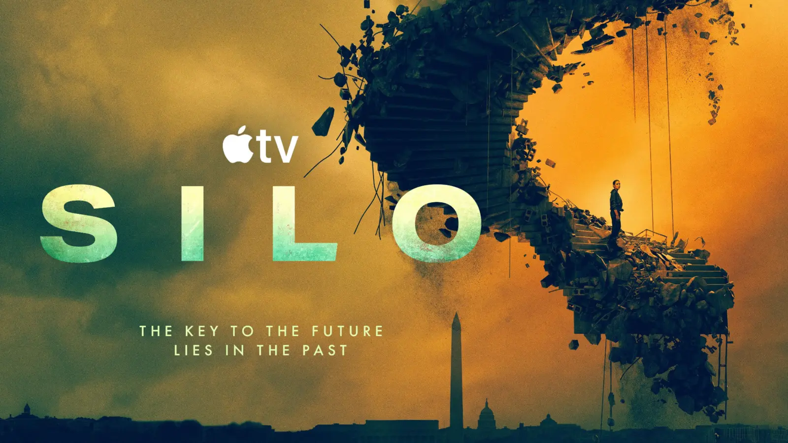سلم حلزوني محطم يرتفع فوق مدينة مدمرة في عمل فني لمسلسل Silo